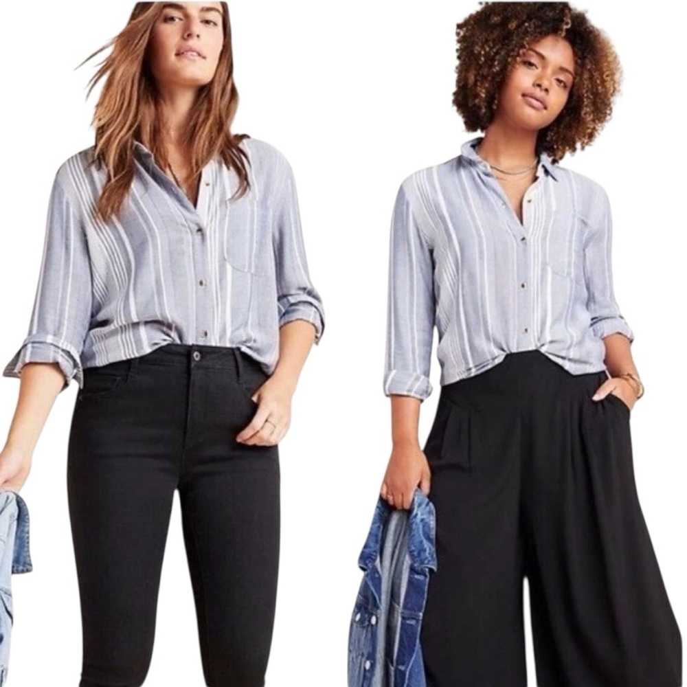 Anthropologie Maeve Chatham Relaxed Blue Striped Button Down Shirt Size L #1960